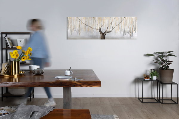 Tableau Peint à La Main 'Saule Pleureur Dans La Brume' - 150x50 Cm, Toile Sur Châssis Bois - Décoration Murale Moderne Salon