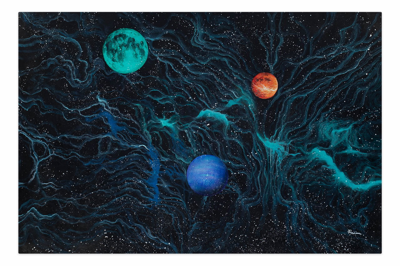 XXL Olieverf schilderijen 'Ocean of Planets' | Handgeschilderd unicum komt in de ruimte goed tot zijn recht.