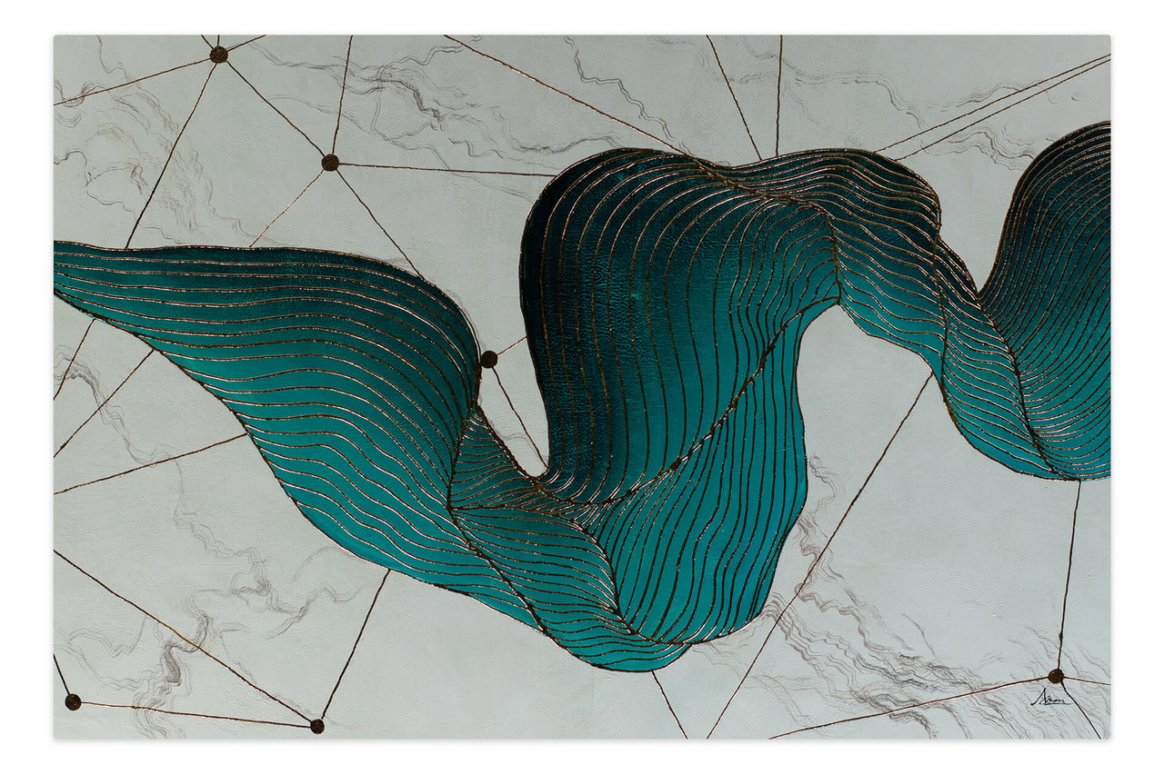 Olieverf schilderijen 'Emerald Silk' | Handgeschilderd unicum 180x120cm in de ruimte.