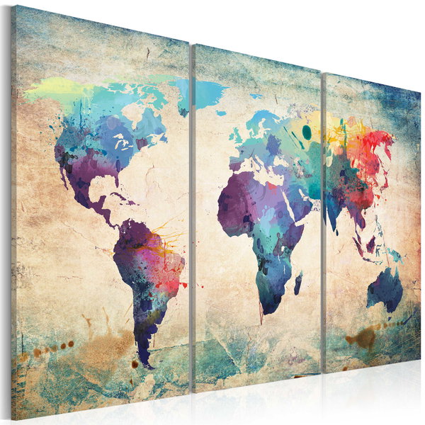 Kunstdruk op canvas 'Colourful World Map - Triptych'