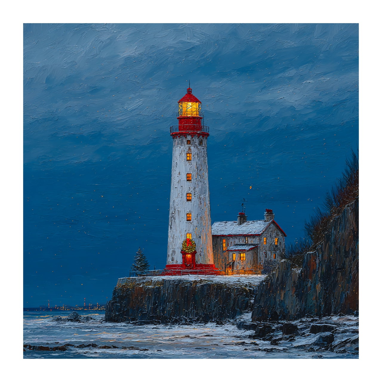 Handgeschilderd schilderij 'Wintervuurtoren' | incl. certificaat van echtheid komt in de ruimte goed tot zijn recht.