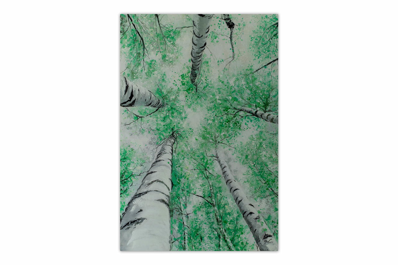 XXL Olieverf schilderijen 'Birch Tree Canopy' | Handgeschilderd unicum komt in de ruimte goed tot zijn recht.