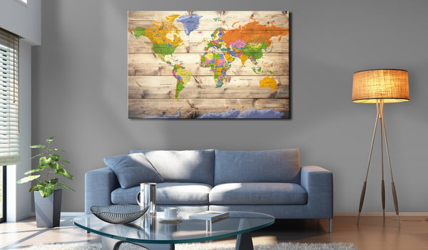 Pinnwand Bild 'Map on wood: Colourful Travels'
