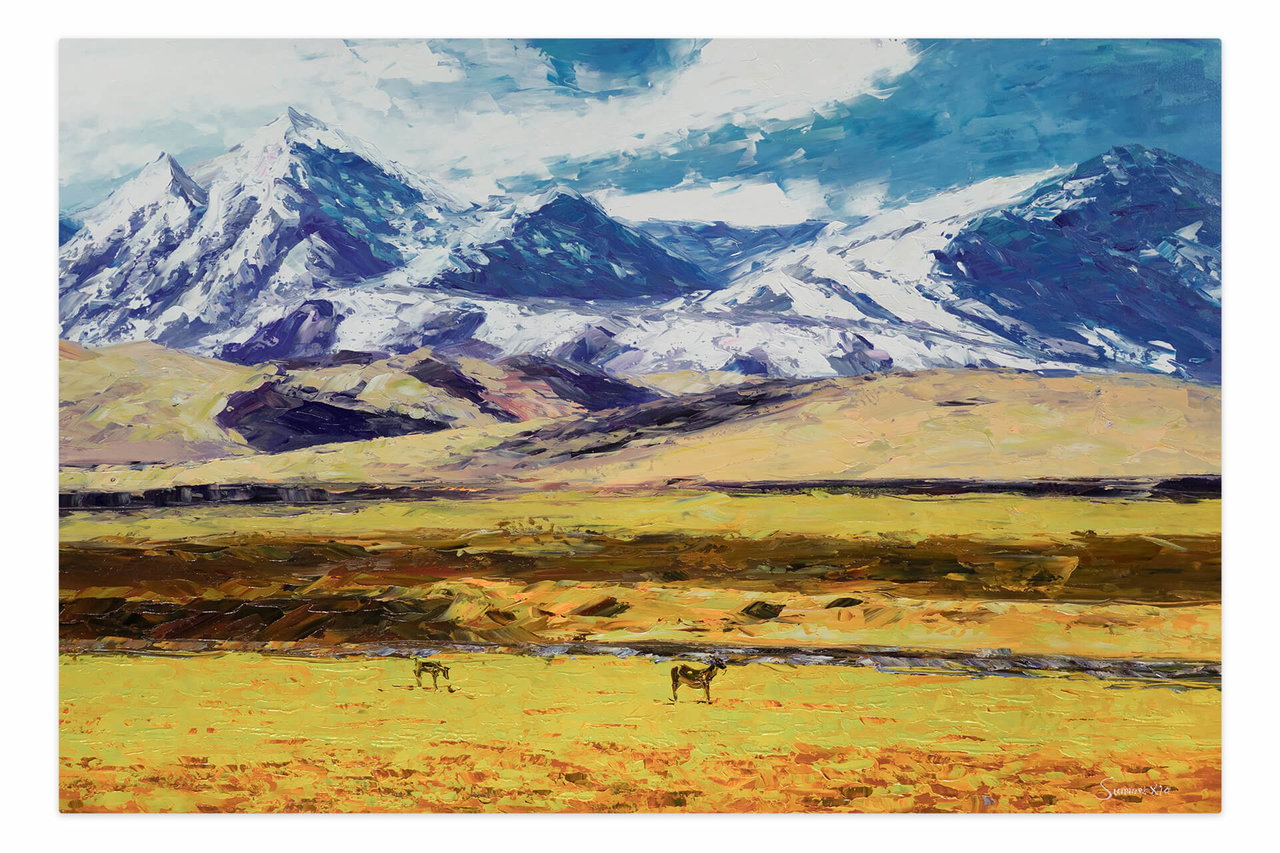 XXL Olieverf schilderijen 'Glowing Landscape' | Handgeschilderd unicum in de ruimte.