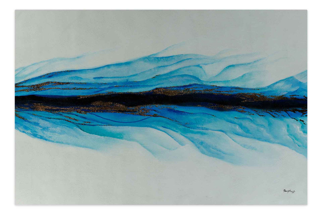 Olieverf schilderijen 'Turquoise Shadows' | Handgeschilderd unicum 180x120cm komt in de ruimte goed tot zijn recht.