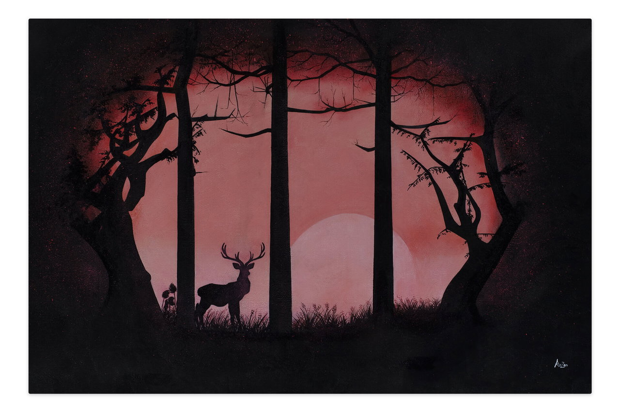 XXL Olieverf schilderijen 'Twilight in the Forest' | Handgeschilderd unicum komt in de ruimte goed tot zijn recht.