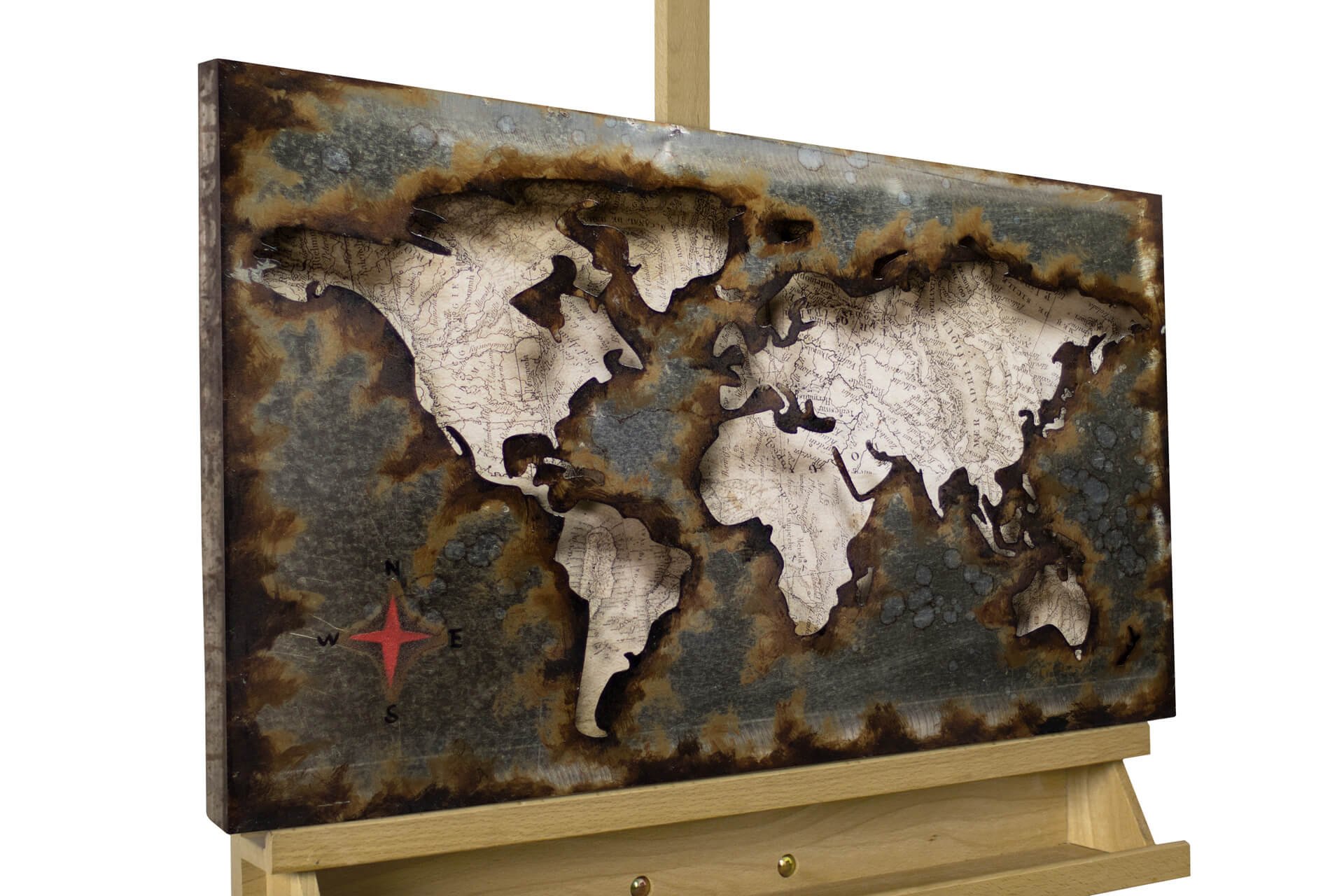 Peinture 3D carte du monde en métal dans les tons marron et noir, ..
