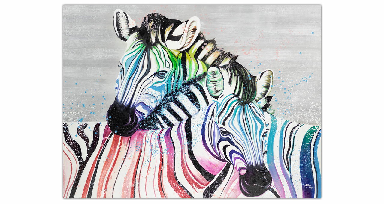XXL Olieverf schilderijen 'Zebra Togetherness' | Handgeschilderd unicum komt in de ruimte goed tot zijn recht.