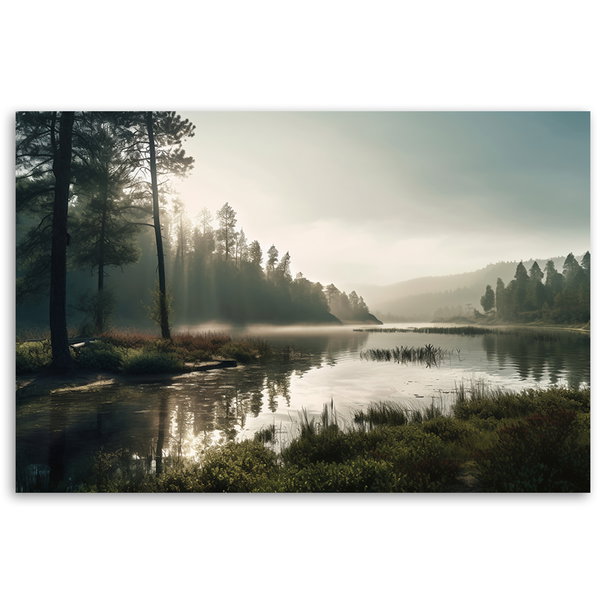 Kunstdruck auf Leinwand 'Misty Morning by the Lake'