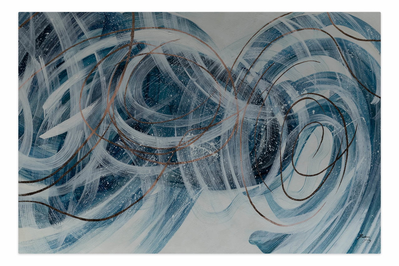 XXL Olieverf schilderijen 'Winter Swirl' | Handgeschilderd unicum komt in de ruimte goed tot zijn recht.